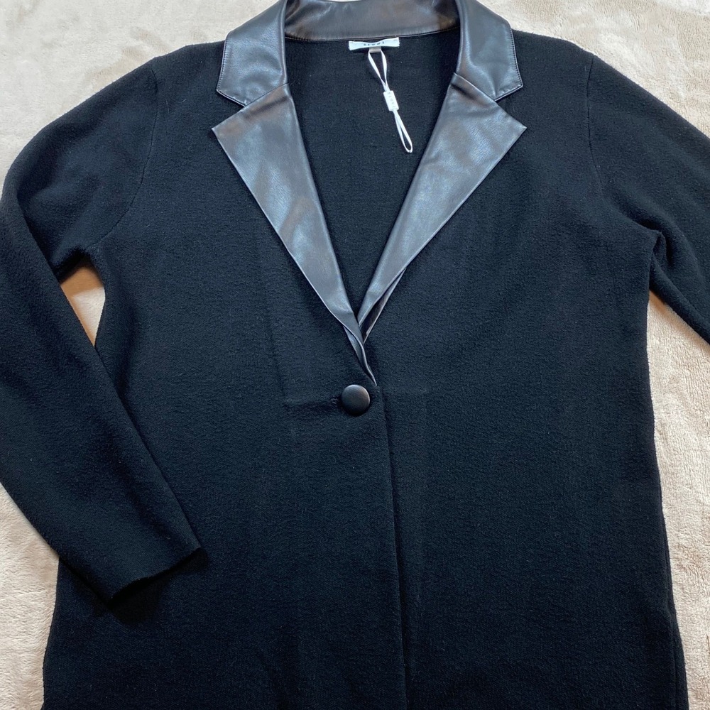 Sioni Womens Black Knit Sweater Blazer Cardigan Faux Leather Lapel Jacket Large